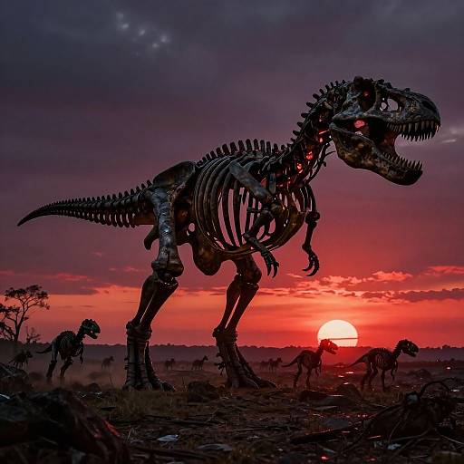 Photograph of a dinosaur skeleton silhouette against a vivid red-orange sunset, with several smaller dinosaur figures in the background.