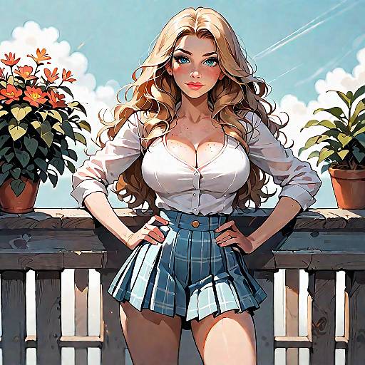 Blonde Woman in Plaid Skirt with Hands on Hips