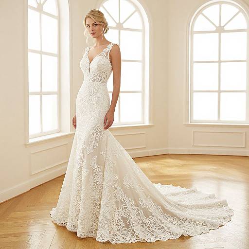 Photograph of a blonde woman in a white lace, sleeveless, V-neck wedding dress with a long train, standing in a bright, sunlit