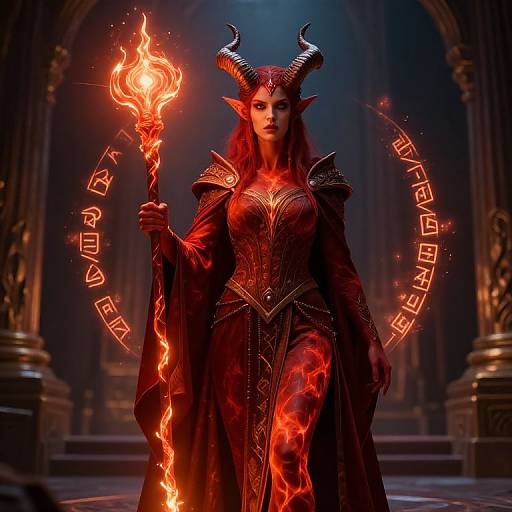 Digital art of a red-skinned, horned demon queen with glowing runes, holding a fiery staff in a dark, gothic cathedral.