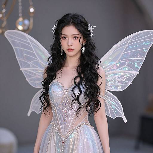 Digital CGI fantasy portrait of an Asian woman with long black wavy hair, wearing a sparkling white dress and translucent, iridescent fairy wings, against