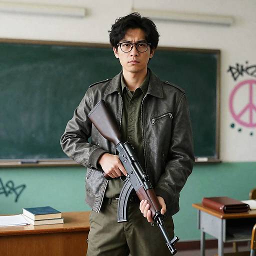 Serious Man with Rifle in Classroom