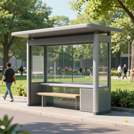Modern glass bus stop with wooden bench in sunny park, people walking in background, trees, and greenery, digital rendering.