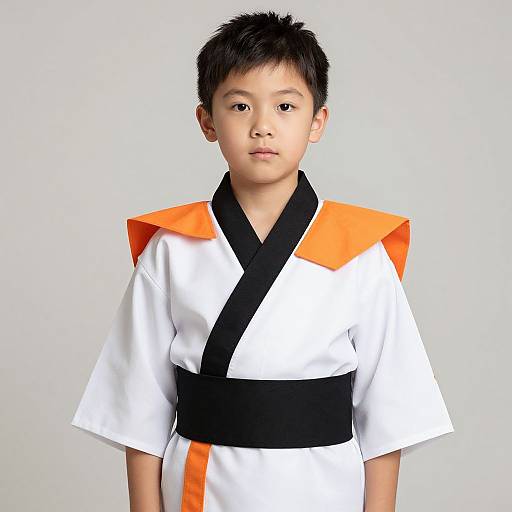 Photograph of an Asian boy with short black hair, wearing a white martial arts uniform with black and orange accents, standing against a plain white background.