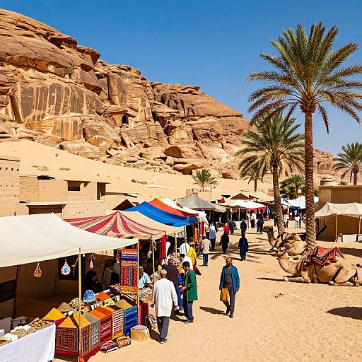 Vibrant photograph of a bustling desert market with colorful tents, palm trees, and rocky cliffs in the bright blue sky. People in casual attire stroll