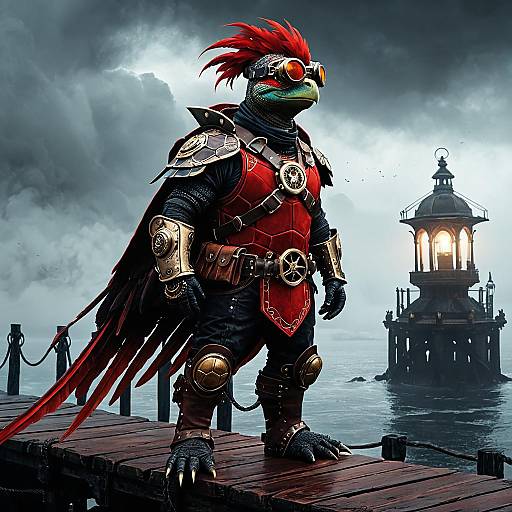 Steampunk Crimson Phoenix Turtle on Ancient Pier