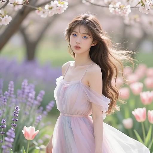 Digital artwork of a young woman with long brown hair, blue eyes, wearing a sheer, off-shoulder, pastel dress, standing in a