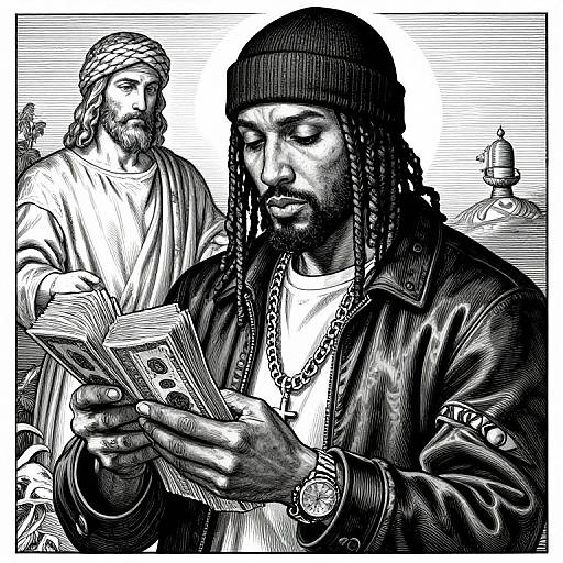 Black-and-white digital illustration of a bearded black man with dreadlocks in a leather jacket, holding money, facing a bearded Jesus in traditional robes