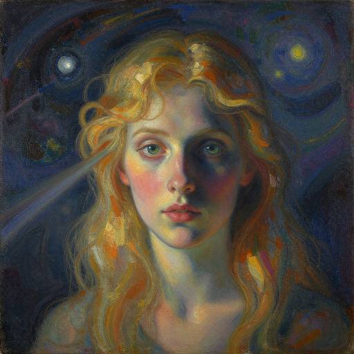 Digital painting of a fair-skinned, blue-eyed young woman with wavy, golden blonde hair against a dark, cosmic background with stars and galaxies.