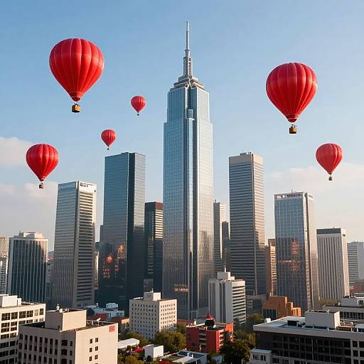 Photograph of New York City skyline with red hot air balloons floating above towering skyscrapers under a clear blue sky.