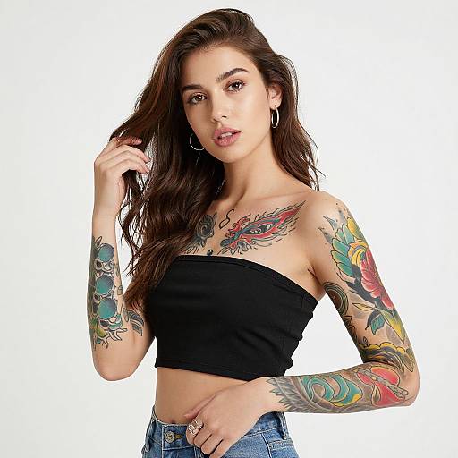Photograph of a tattooed woman with long brown hair, wearing a black strapless top and blue jeans, against a white background.
