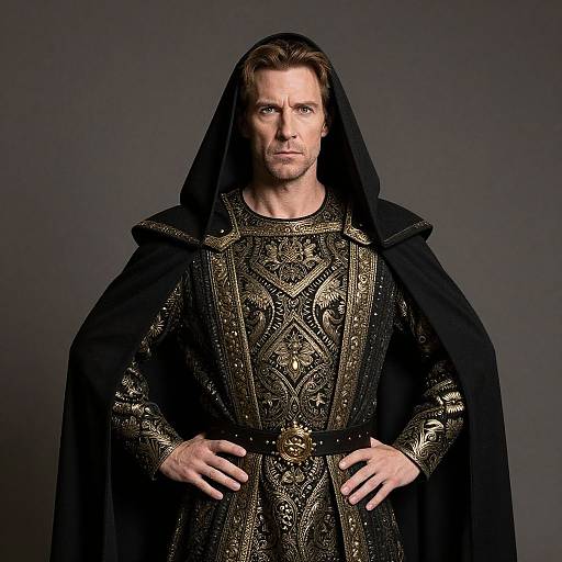 Photograph of a stern, light-skinned man with brown hair, wearing an ornate black and gold medieval cloak and robe, hands on hips,