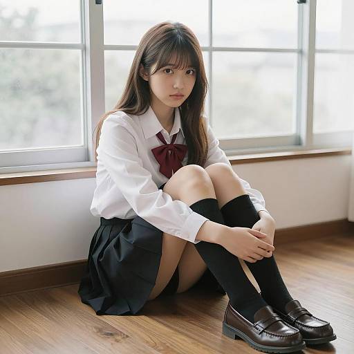 Japanese Schoolgirl Sitting by Window