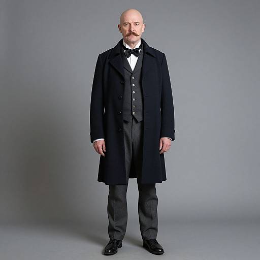 Photograph of a bald, older man with a mustache, wearing a black overcoat, black bow tie, white shirt, black trousers, and