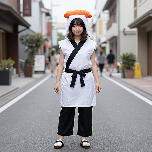 Photograph of an Asian woman in a white hakama with black trim, black belt, and orange headpiece, standing on a blurred urban street.