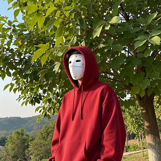 Masked Figure by Lush Green Tree