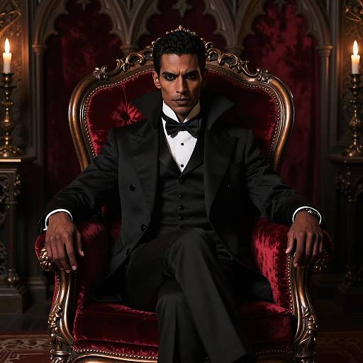 Photograph of a dark-skinned man with short black hair, wearing a black tuxedo and bow tie, sitting on an ornate red velvet
