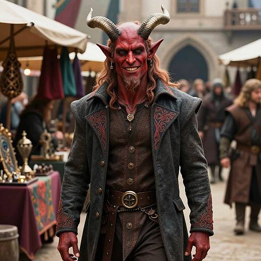 Photograph of a red-skinned, horned demon with long hair, wearing a dark, ornate coat and belt, standing in a bustling outdoor