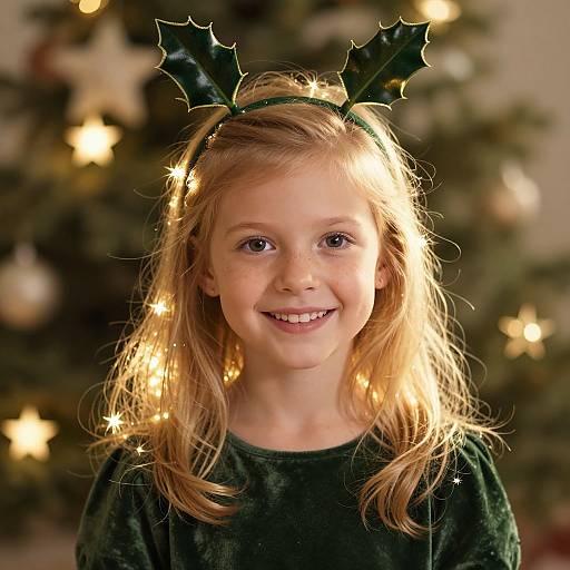 Photograph of a smiling young blonde girl with green holly headband and Christmas lights, wearing a dark green sweater, in front of a blurred Christmas