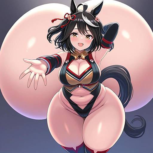 Anime-style digital drawing of a curvy, black-haired, horse-eared woman with large breasts, wearing a revealing black and red outfit, extending her