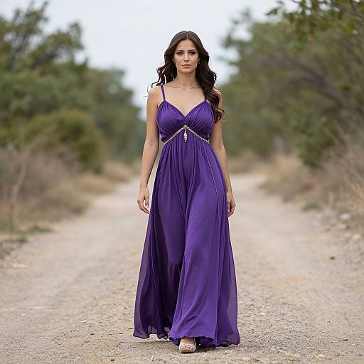 Photograph of a woman with long, wavy brown hair, wearing a flowing, deep purple dress with gold accents, walking down a gravel path in