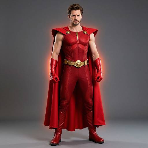 Photograph of a muscular man in a red superhero costume with cape, gloves, and boots, standing against a gray background.