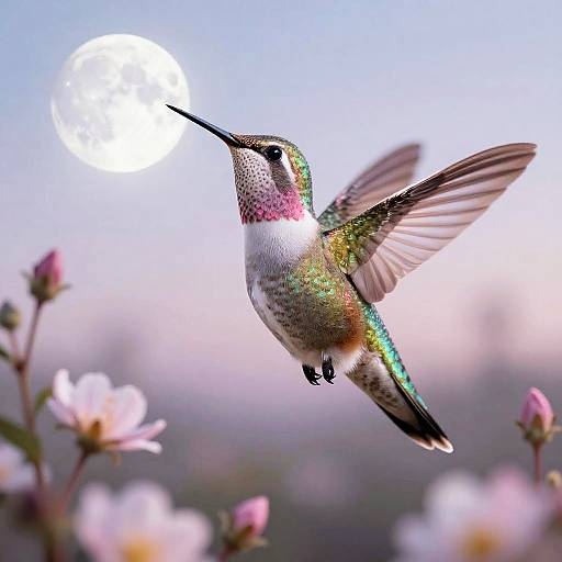 Photograph of a vibrant hummingbird with iridescent green, pink, and white feathers hovering mid-flight, against a blurred background of pink flowers and