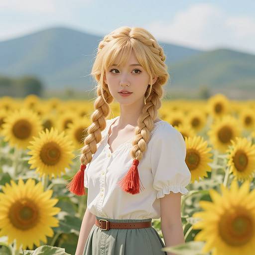 Photograph of a blonde girl with braided pigtails, white blouse, and green skirt, standing in a vibrant sunflower field with mountains in