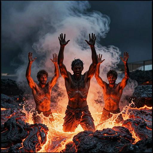 Photograph of three shirtless, muscular men with raised hands, standing in a fiery, smoky volcanic landscape, their silhouettes illuminated by bright