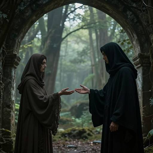 Photograph of two robed figures, a woman and a man, standing in a mossy, ancient stone archway, facing each other in a