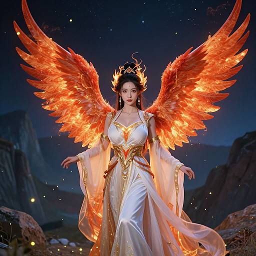 Digital art of an ethereal angelic woman with glowing red wings, wearing a white and gold dress, in a starry night landscape.