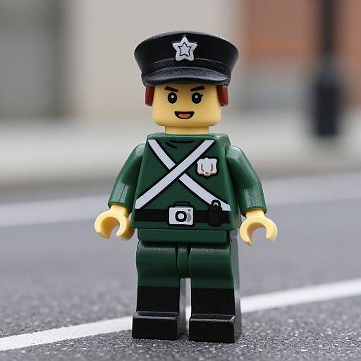 Photograph of a Lego minifigure in a green military uniform with a black cap, white cross strap, and star, standing on a gray asphalt