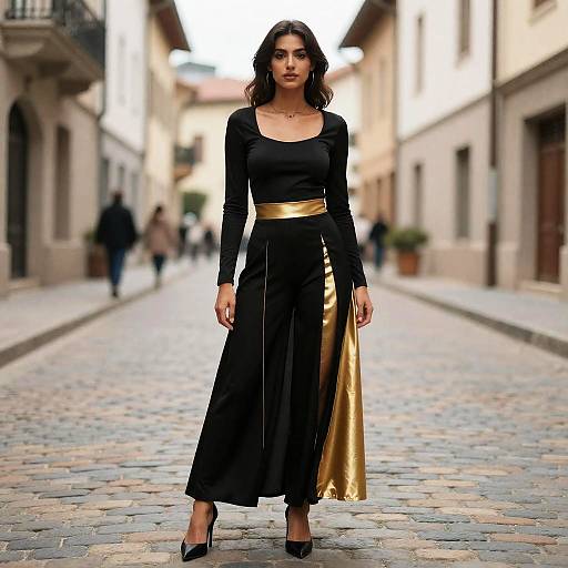 Woman in Black and Gold Long Sleeve Outfit on Street
