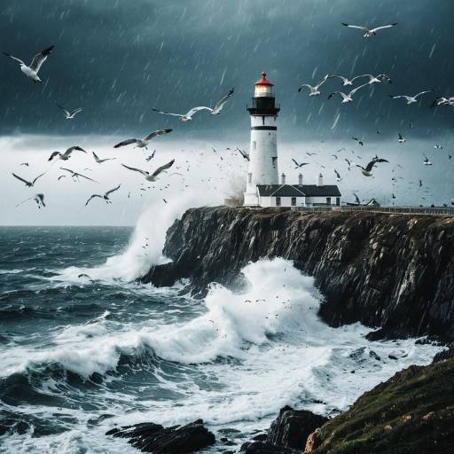 Stormy Coastal Lighthouse with Flying Seagulls