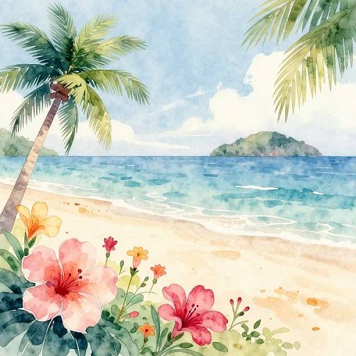 Vibrant Tropical Beach Watercolor Scene