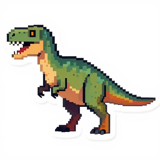 Pixel art of a green, two-legged dinosaur with orange underbelly, black claws, and sharp teeth, standing on white background.