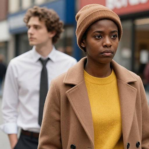 Serious Woman Wearing Beanie on City Street