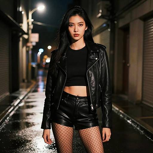 Photograph of Asian woman in black leather jacket, crop top, high-waisted leather shorts, fishnet stockings, standing on wet, neon-l