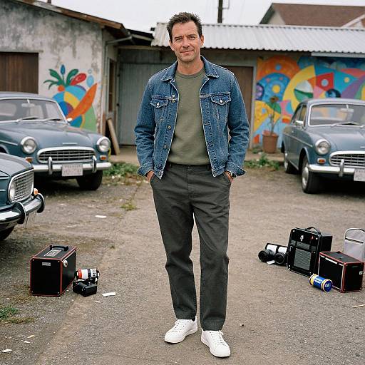 Photograph of a casually dressed man in a denim jacket, green shirt, and black pants, standing in a graffiti-decorated lot with vintage cars