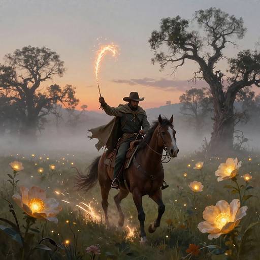 Photograph-style digital artwork of a cowboy in a brown hat and cloak, riding a horse, conjuring sparks in a twilight meadow with glowing flowers