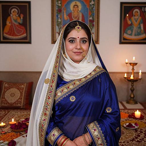 Photograph of an Indian woman in traditional blue and gold saree with white veil, adorned with jewelry, standing in a candlelit room with religious paintings