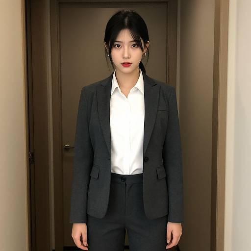 Photograph of an Asian woman with black hair in a neat bun, wearing a black blazer, white shirt, and black pants, standing in front