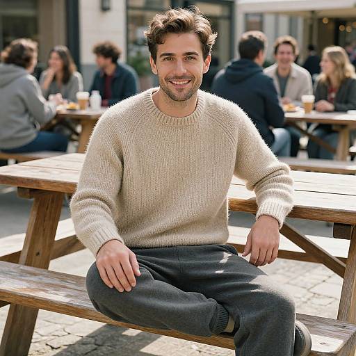 Cozy Casual Man in Sunlit Plaza