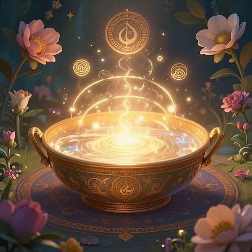 Digital artwork of a glowing, ornate bowl with swirling fire, surrounded by pink flowers, mystical symbols, and a dark, enchanted forest.