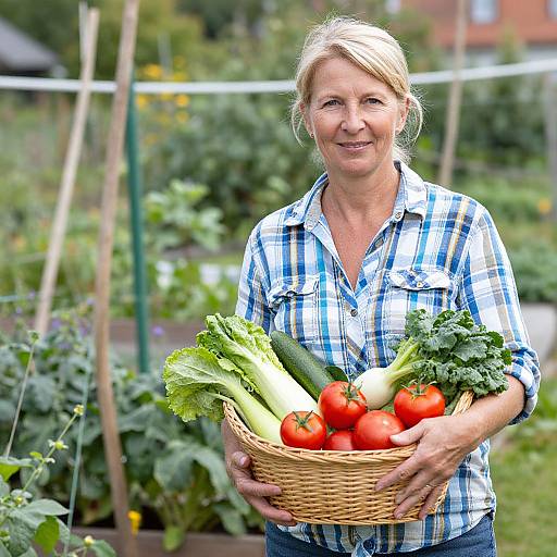 Photograph of a smiling middle-aged blonde woman in a blue plaid shirt, holding a basket filled with fresh vegetables in a lush, garden background.