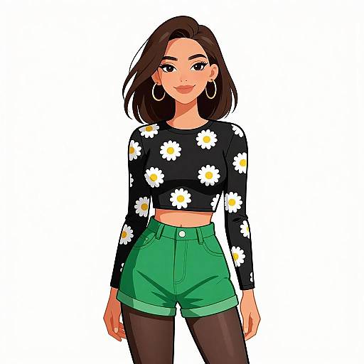 Digital illustration of a young woman with medium brown skin and black hair, wearing a black daisy crop top, green high-waisted shorts, black