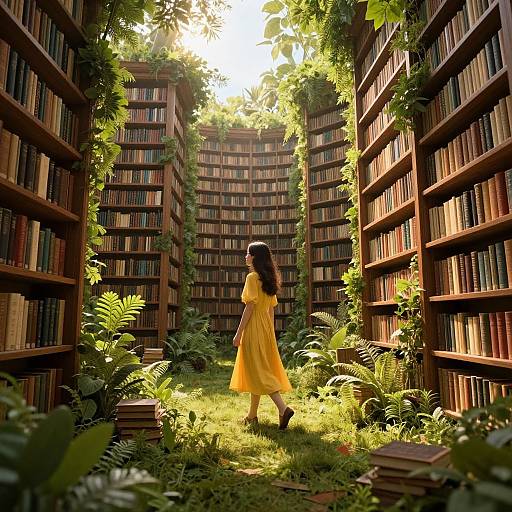 Photograph-like digital art: Young woman in yellow dress walks through sunlit, ivy-covered library aisle with tall bookshelves on either side.