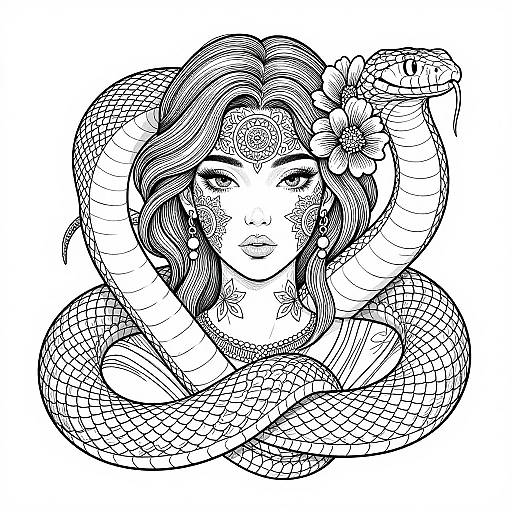 Black-and-white digital line art of a serpent-woman with wavy hair, large eyes, and intricate scales, coiling around herself. She holds