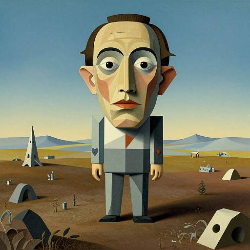 Surreal digital artwork of a large, cartoonish man with exaggerated features, wearing a grey suit, standing in a barren, desert-like landscape with