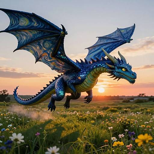 Photograph of a vibrant blue dragon with iridescent wings soaring over a colorful meadow at sunset, surrounded by blooming flowers.